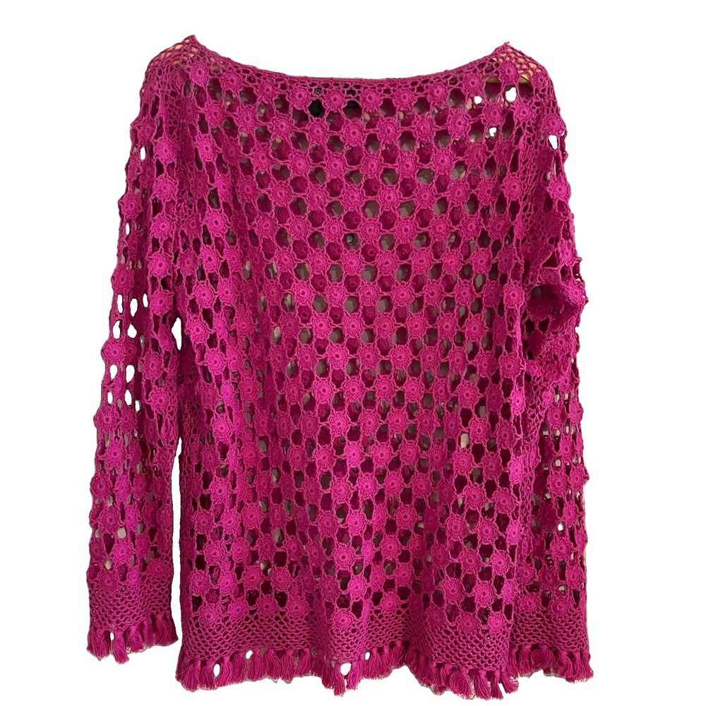 Open Knit Crochet Long Sleeve Sz L Tassel Fringe Boho Hippie Festival Layering - Picture 3 of 7